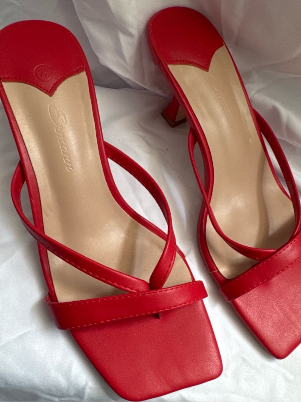 Women's Red Strappy Square-Toe Heeled Sandals